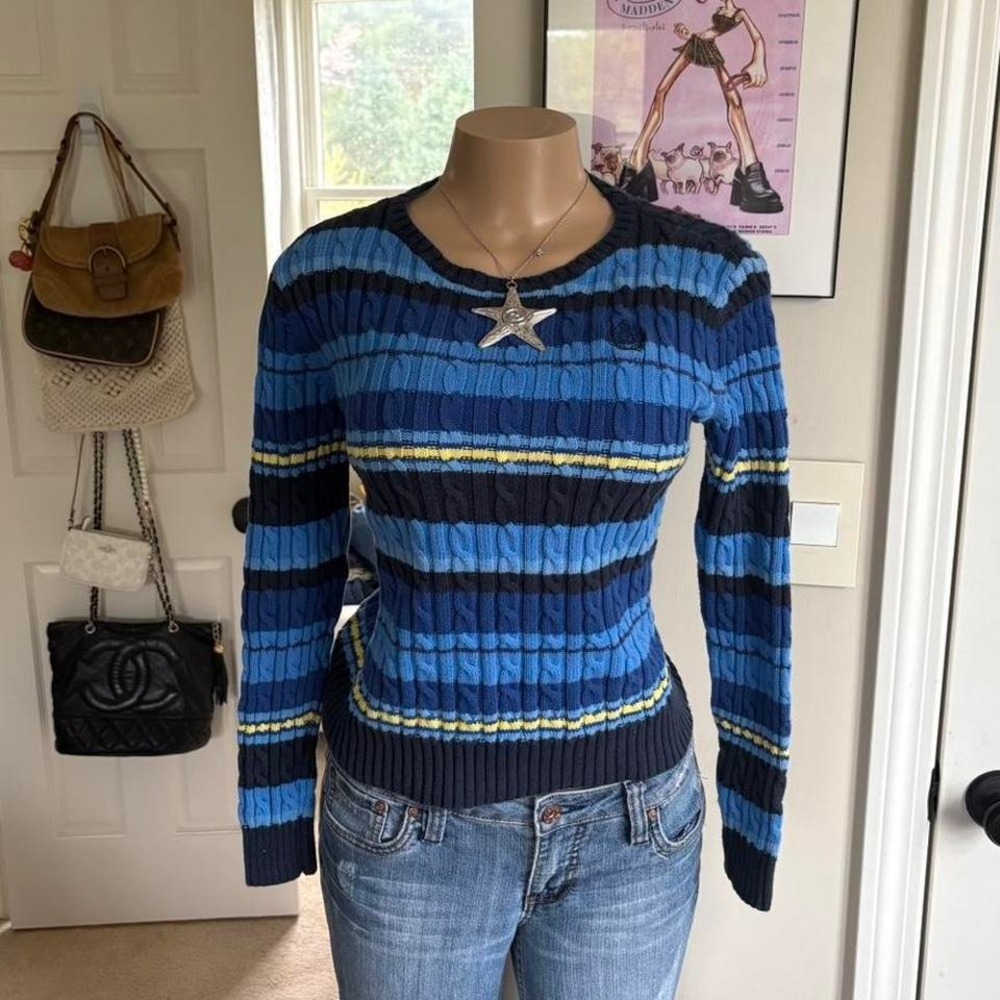 y2k 2000s preppy Liz Claiborne blue striped ribbed knit sweater